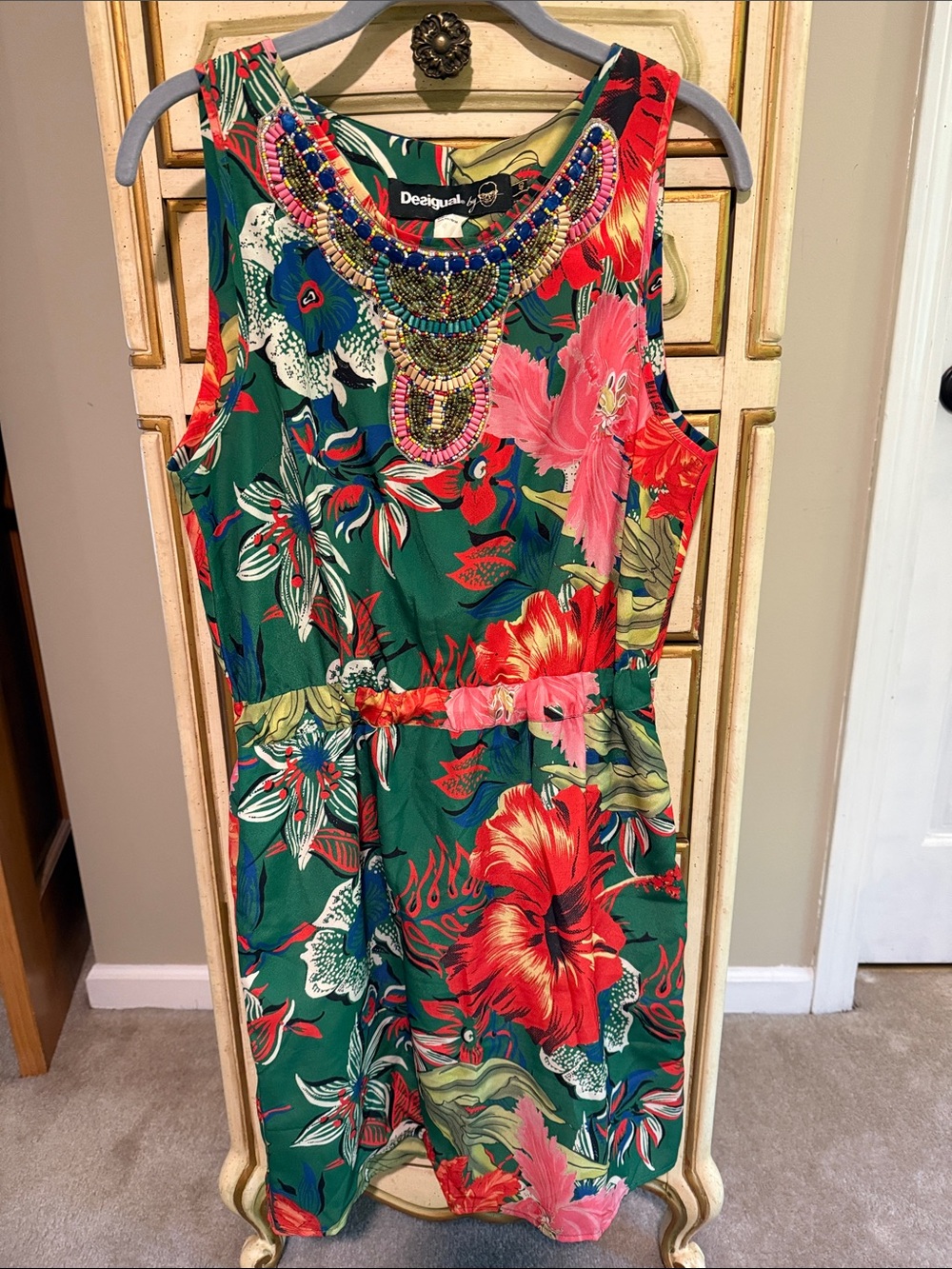 Desigual Green Tropical Floral Embellished Neck Mini Dress size 40